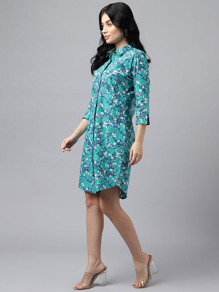 Women Green & Navy Blue Floral Print Pure Cotton Knee Length Formal Dress