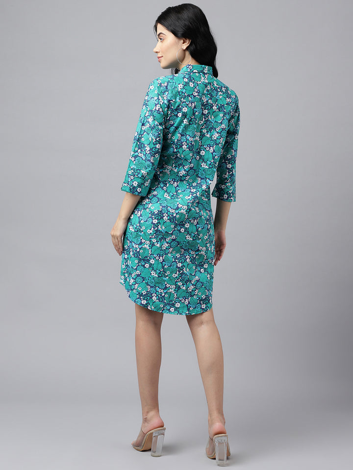 Women Green & Navy Blue Floral Print Pure Cotton Knee Length Formal Dress