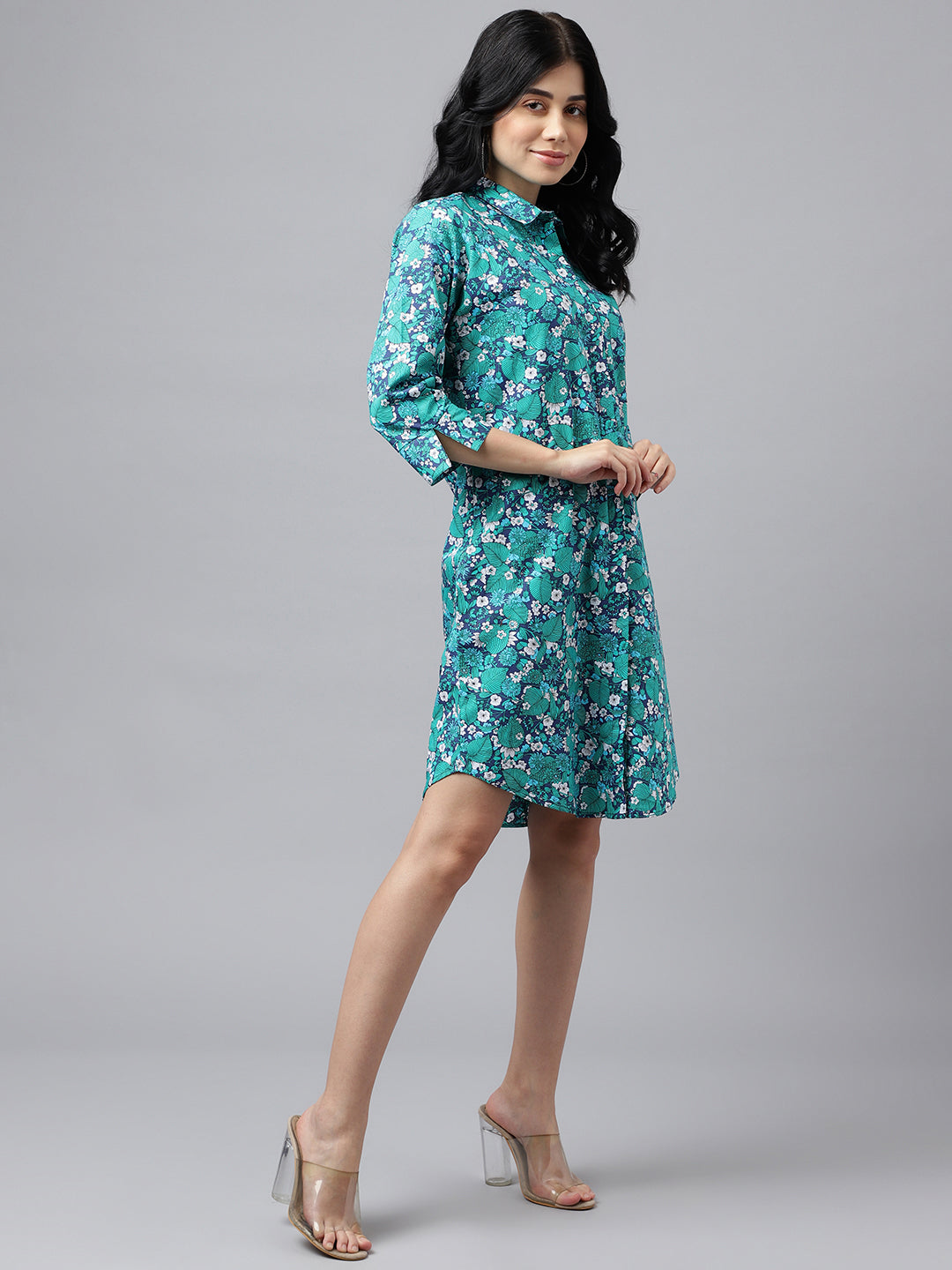 Women Green & Navy Blue Floral Print Pure Cotton Knee Length Formal Dress
