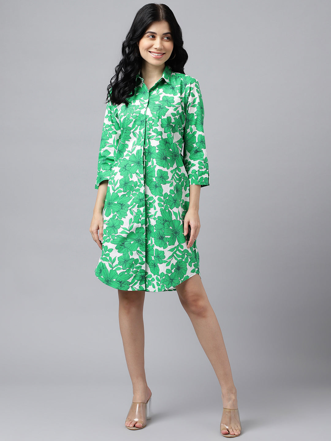 Women Green & White Floral Print Pure Cotton Knee Length Formal Dress