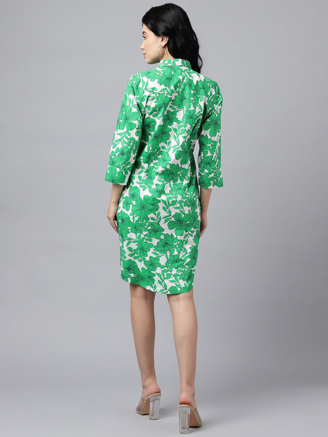 Women Green & White Floral Print Pure Cotton Knee Length Formal Dress