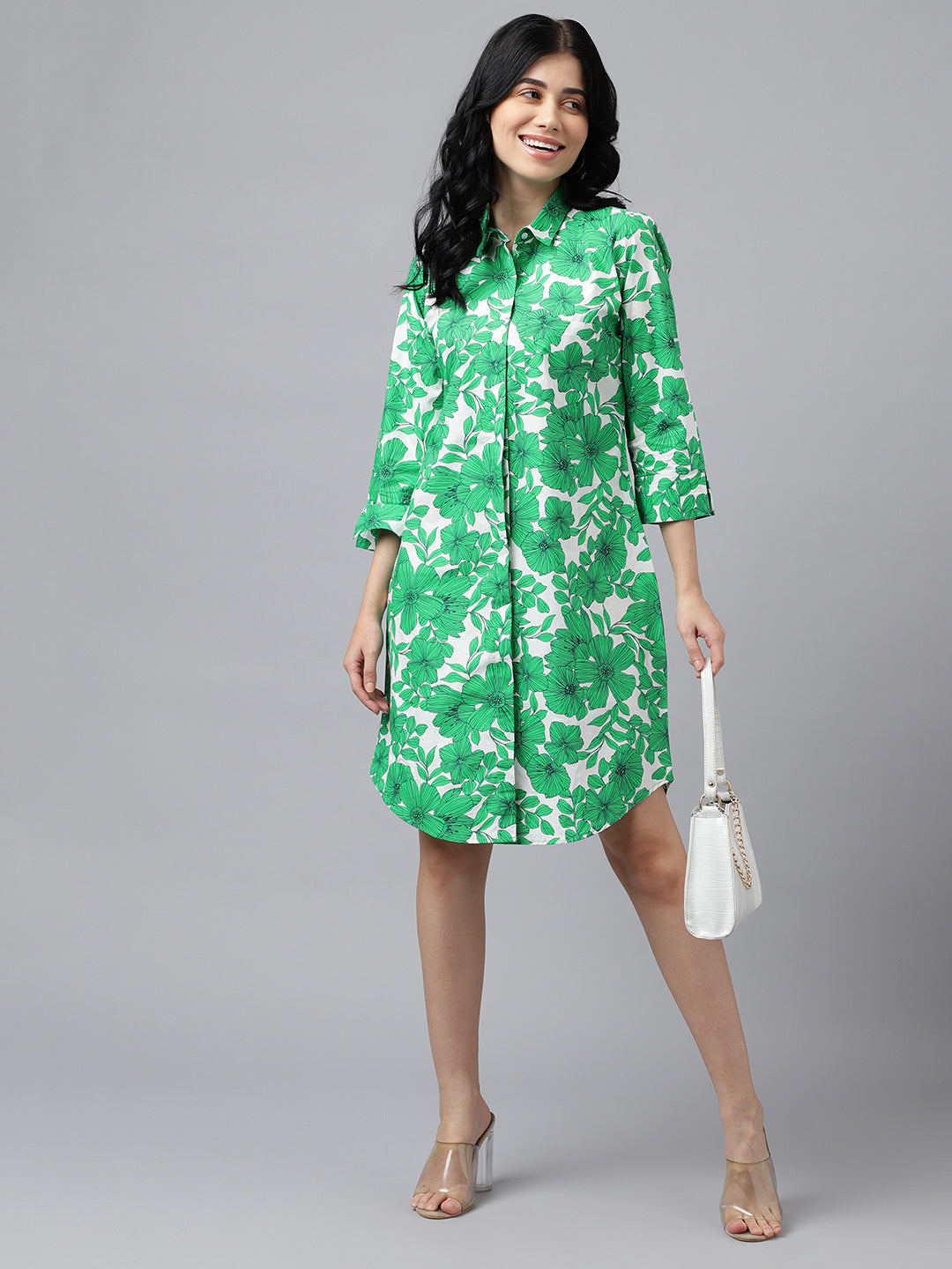 Women Green & White Floral Print Pure Cotton Knee Length Formal Dress