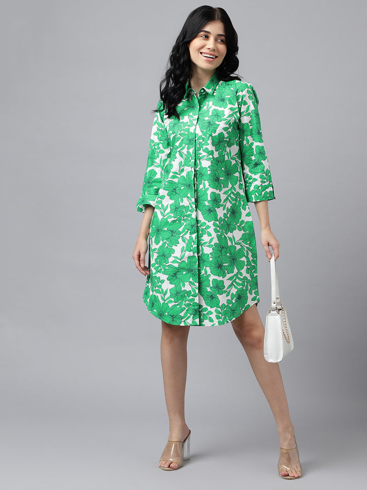 Hancock Women Green & White Floral Print Pure Cotton Knee Length Formal Dress Hancock Women Green & White Floral Print Pure Cotton Knee Length Formal Dress
