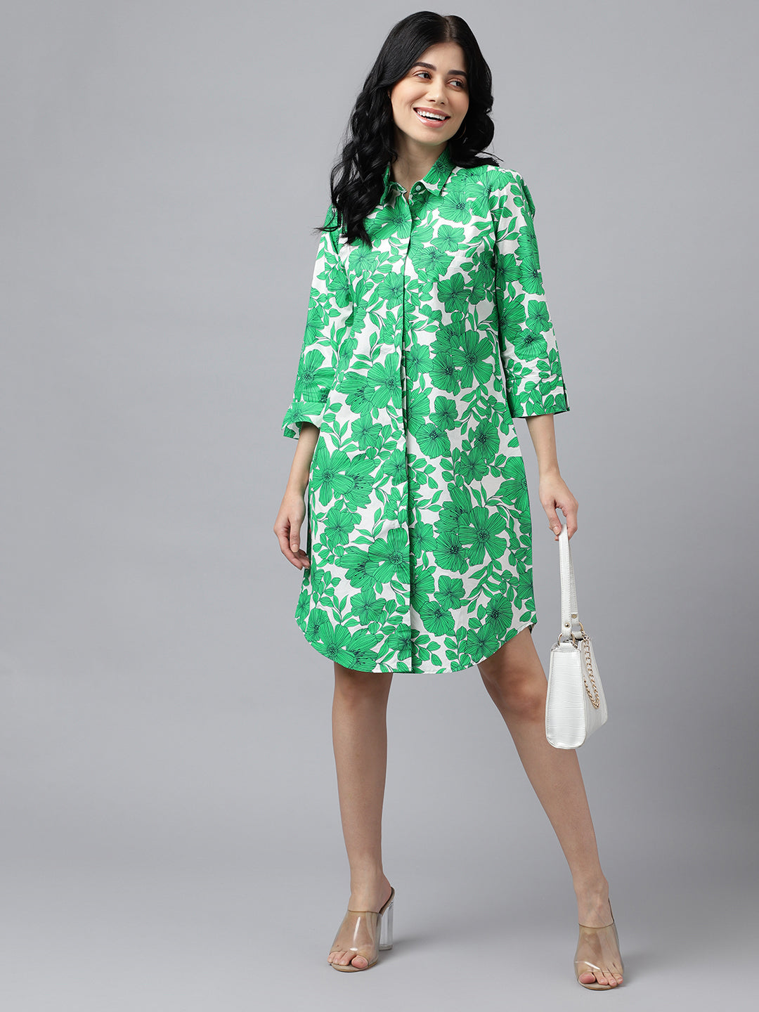 Hancock Women Green & White Floral Print Pure Cotton Knee Length Formal Dress Hancock Women Green & White Floral Print Pure Cotton Knee Length Formal Dress