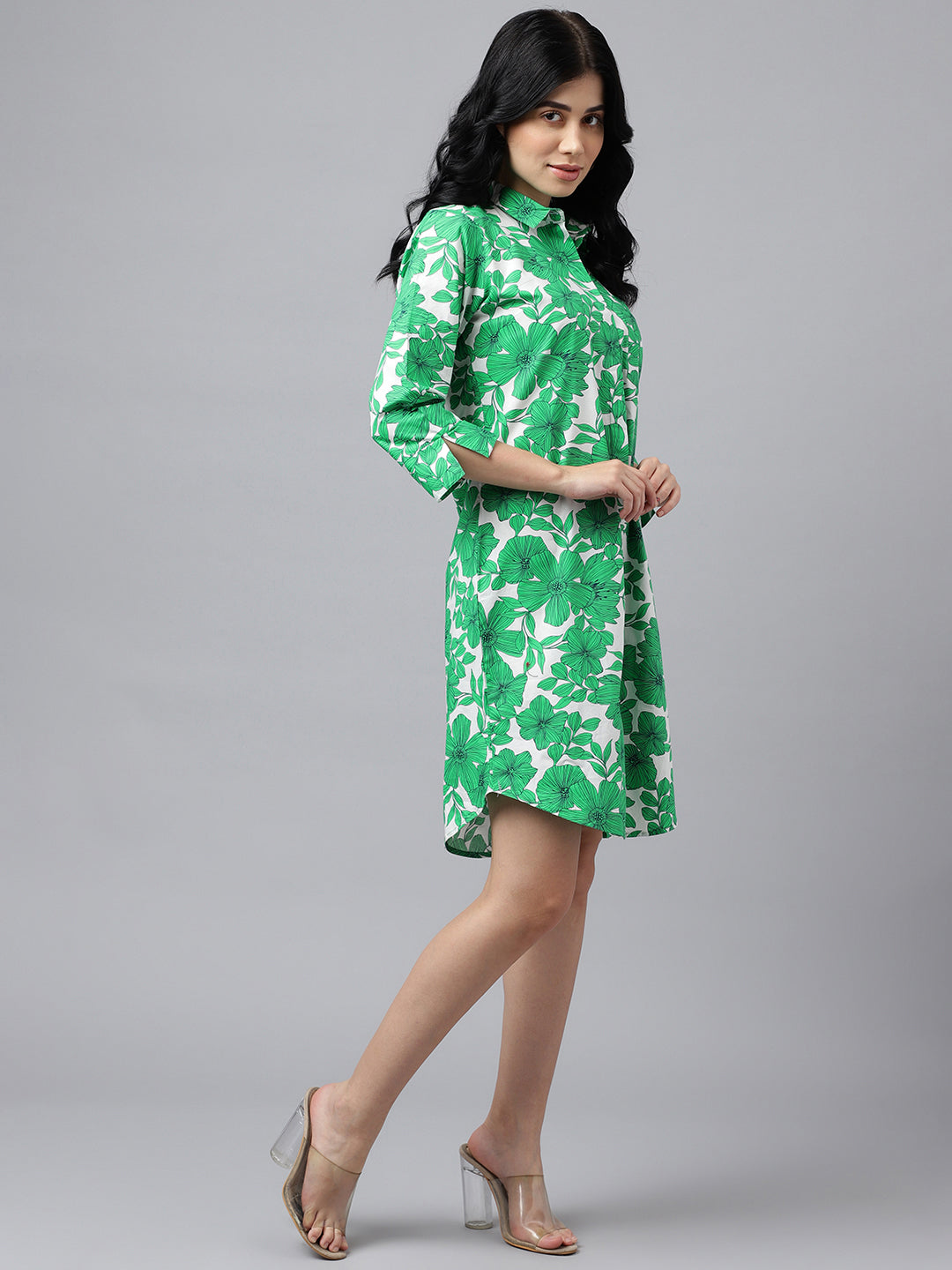 Women Green & White Floral Print Pure Cotton Knee Length Formal Dress