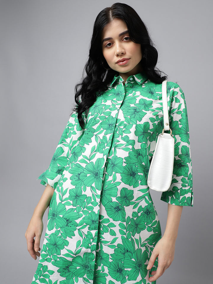 Women Green & White Floral Print Pure Cotton Knee Length Formal Dress