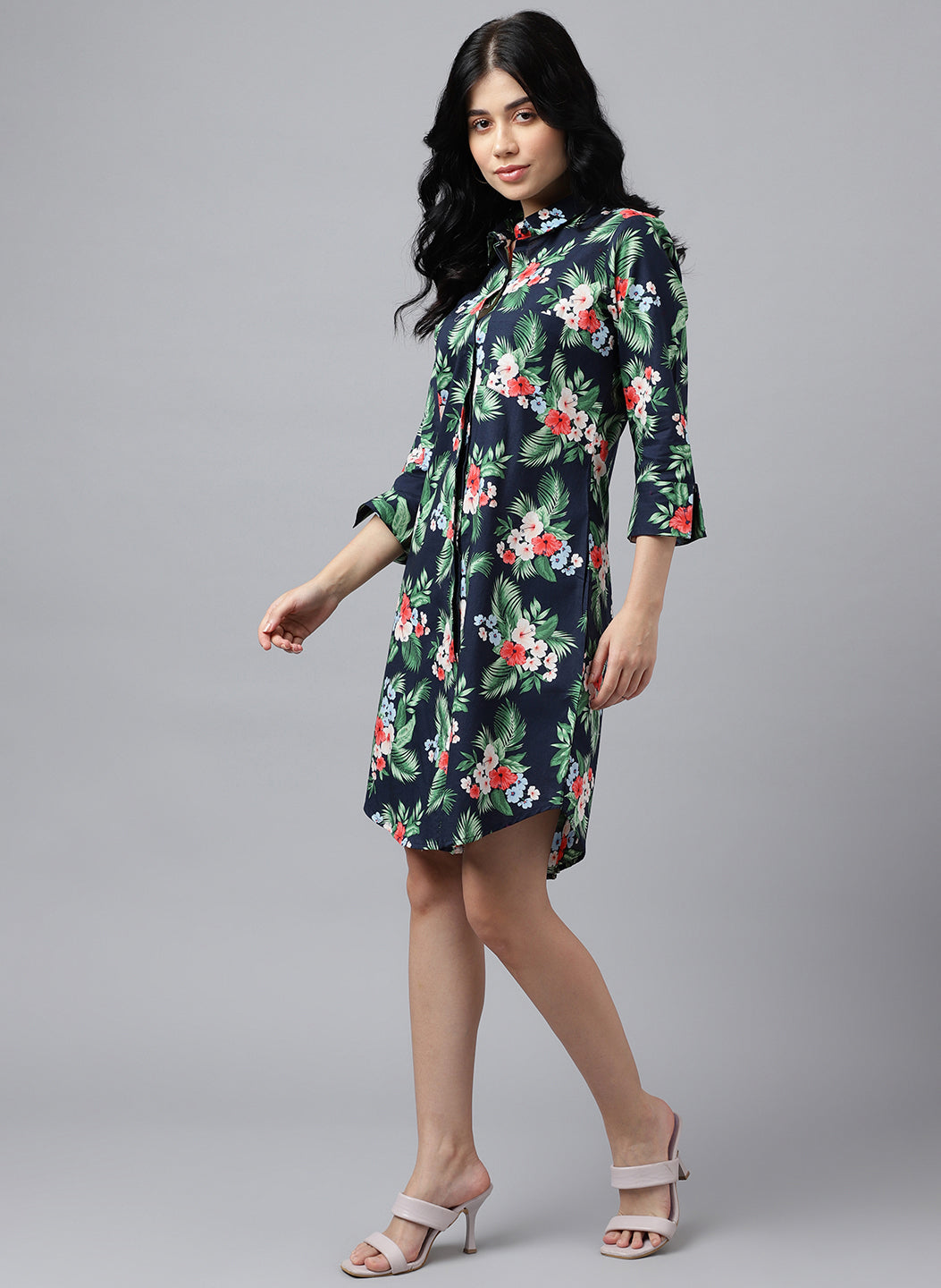 Women Navy Blue & Green Floral Print Pure Cotton Knee Length Formal Dress