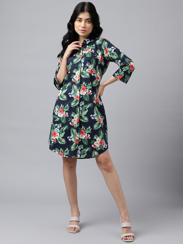 Women Navy Blue & Green Floral Print Pure Cotton Knee Length Formal Dress