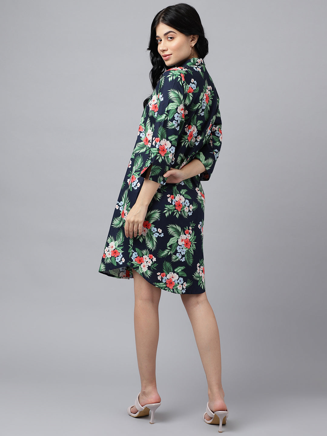 Women Navy Blue & Green Floral Print Pure Cotton Knee Length Formal Dress