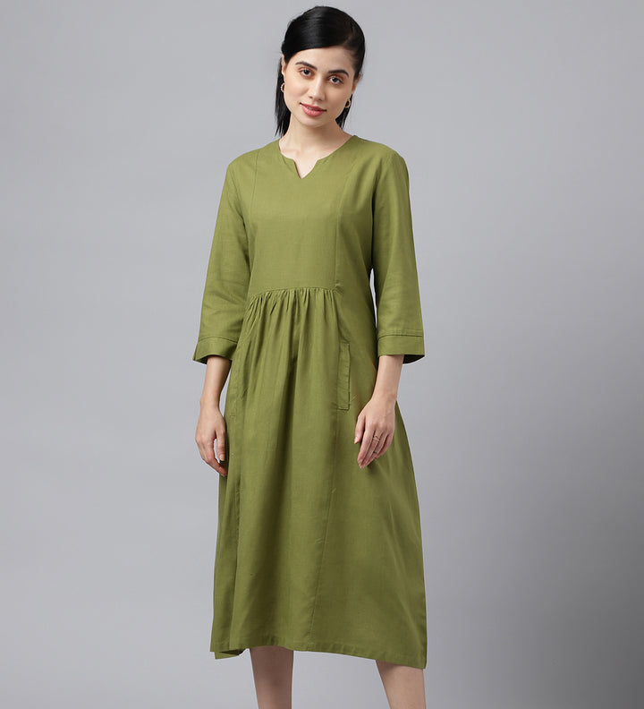 Women Green Solid Lyocell Linen Look A Line Midi Formal Dress