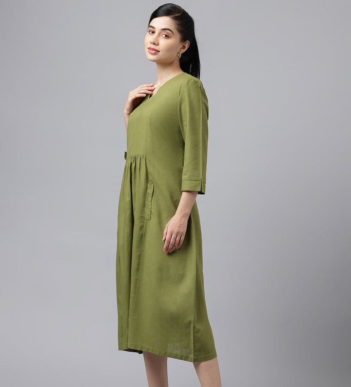 Women Green Solid Lyocell Linen Look A Line Midi Formal Dress