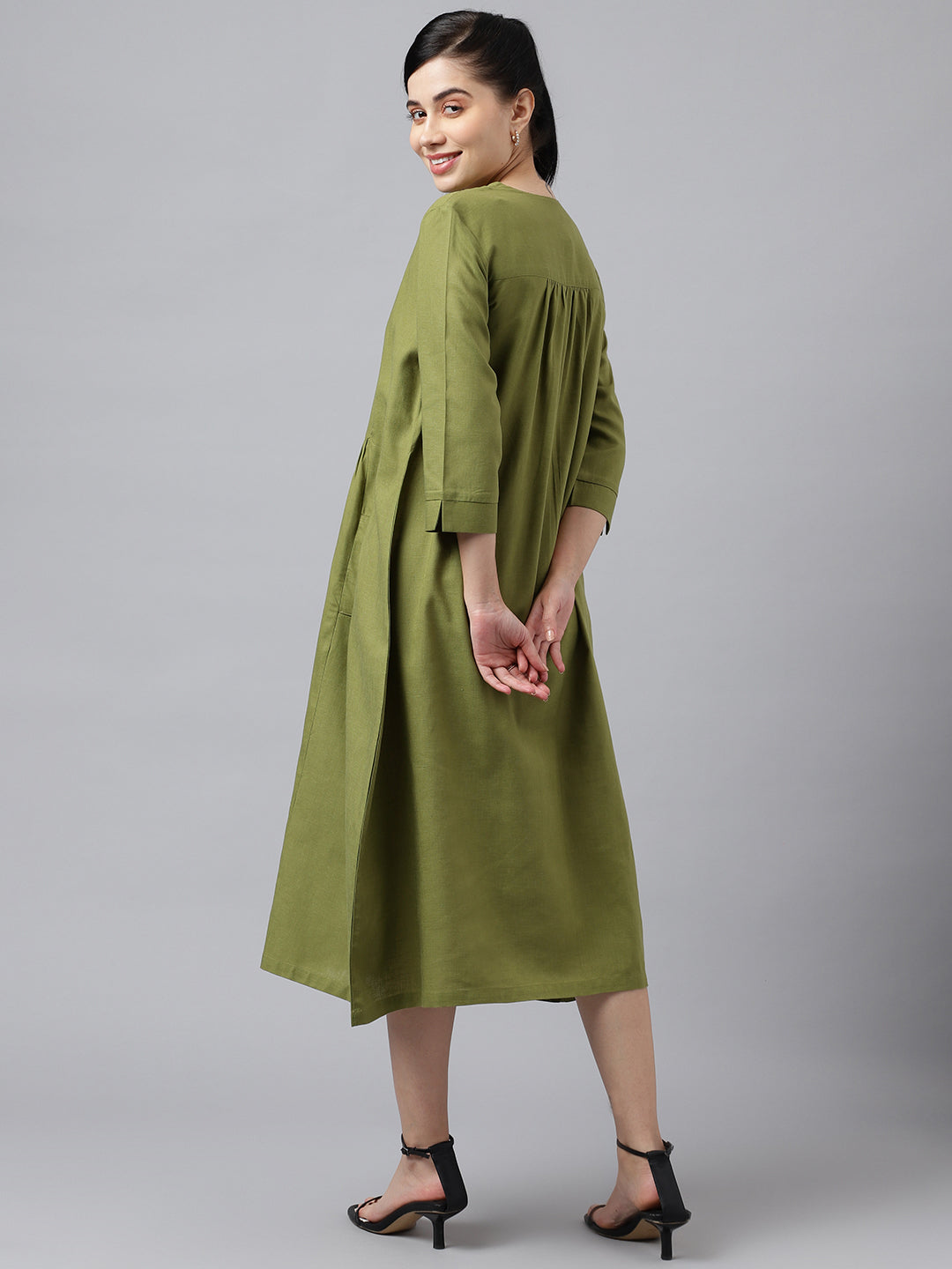 Women Green Solid Lyocell Linen Look A Line Midi Formal Dress