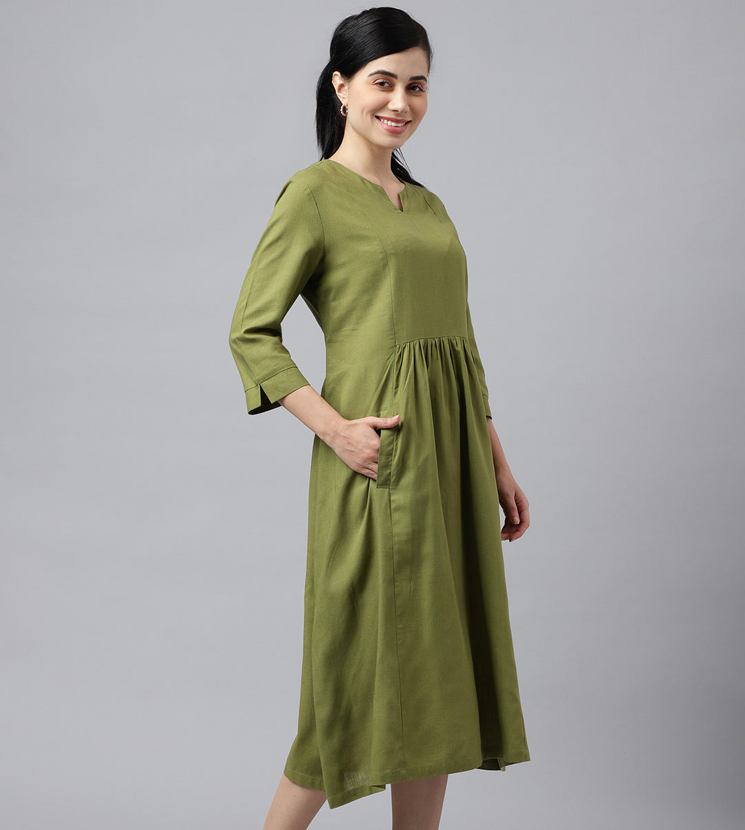 Women Green Solid Lyocell Linen Look A Line Midi Formal Dress