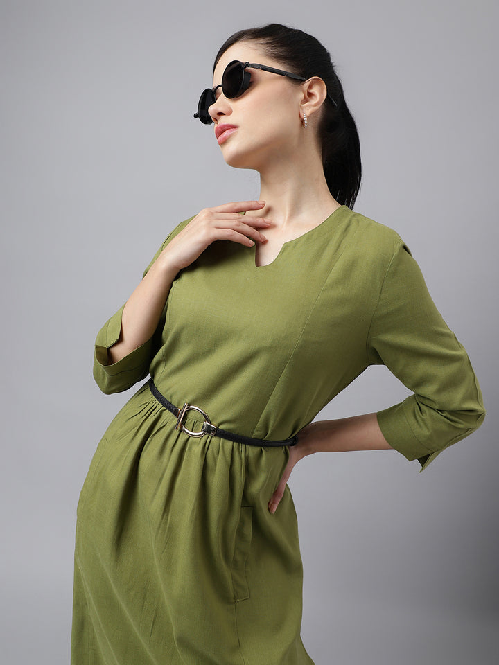 Women Green Solid Lyocell Linen Look A Line Midi Formal Dress