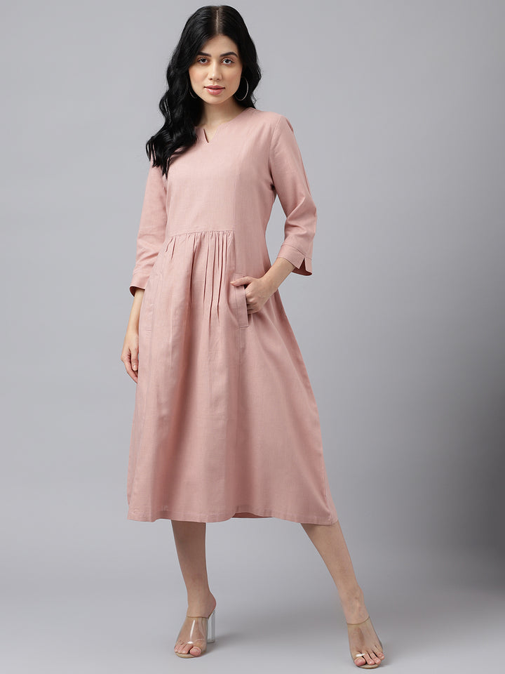 Women Pink Solid Lyocell Linen Look A Line Midi Formal Dress