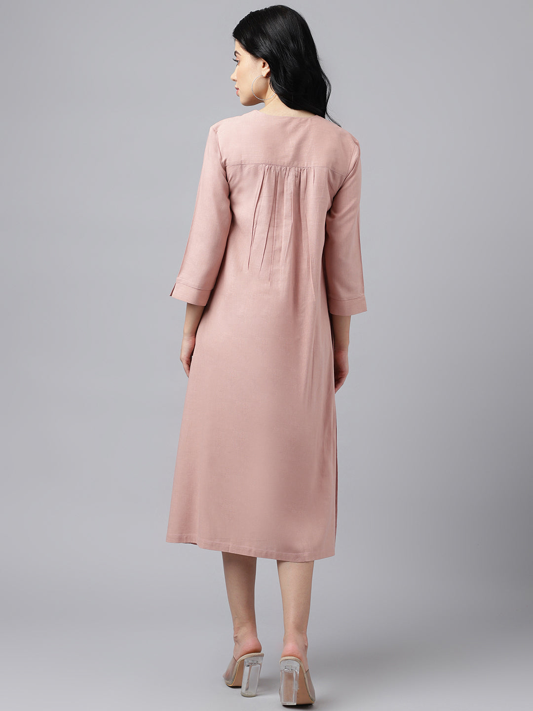 Women Pink Solid Lyocell Linen Look A Line Midi Formal Dress