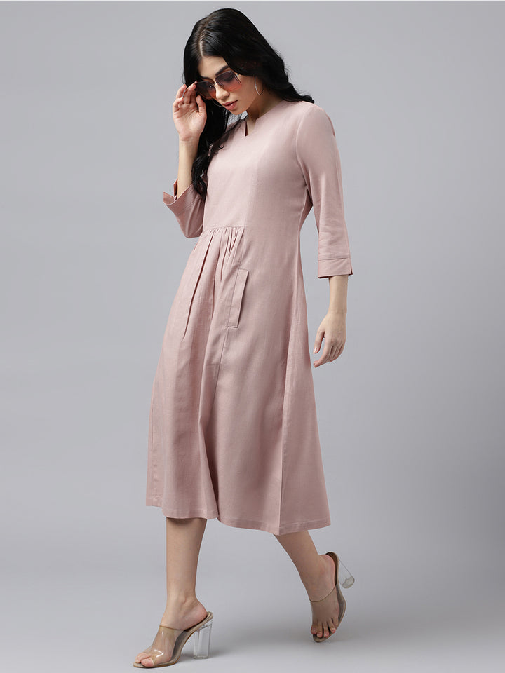 Women Pink Solid Lyocell Linen Look A Line Midi Formal Dress