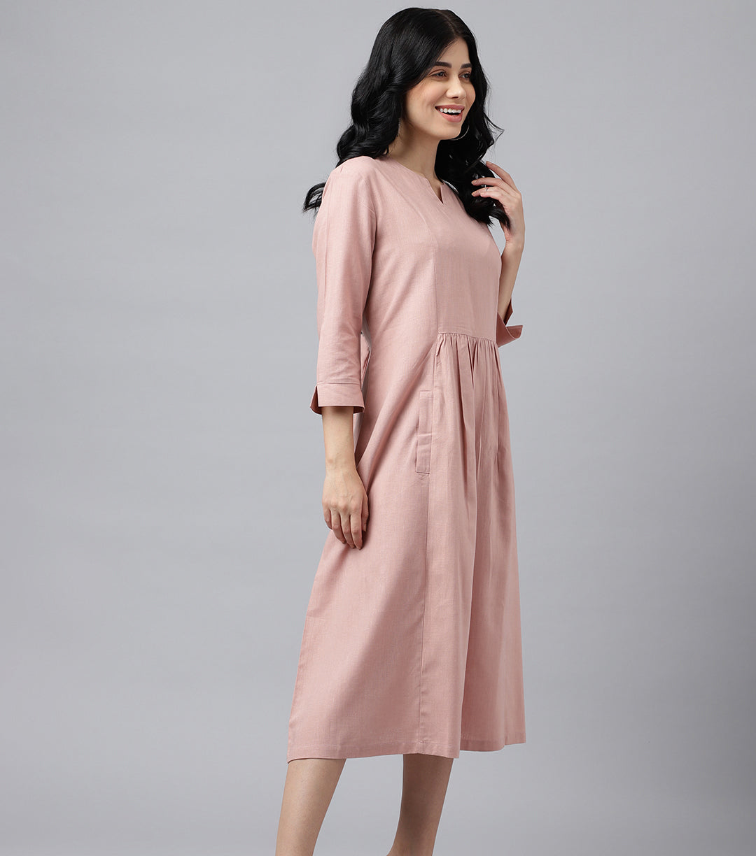Women Pink Solid Lyocell Linen Look A Line Midi Formal Dress