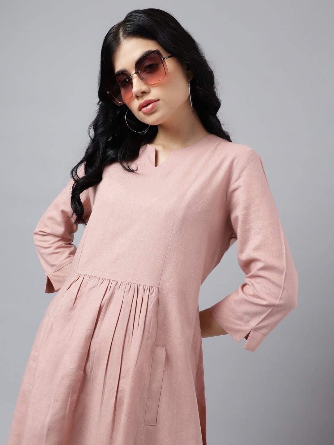 Women Pink Solid Lyocell Linen Look A Line Midi Formal Dress