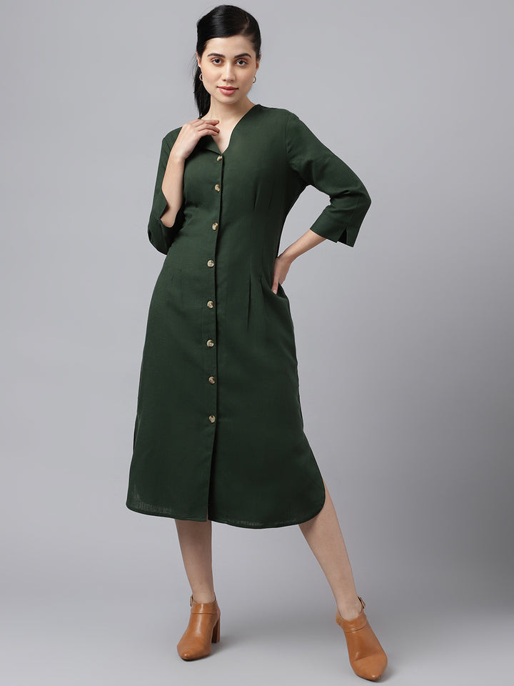 Women Bottle Green V Neck Pleated Solid Lyocell Linen Look A Line Midi Formal Dress