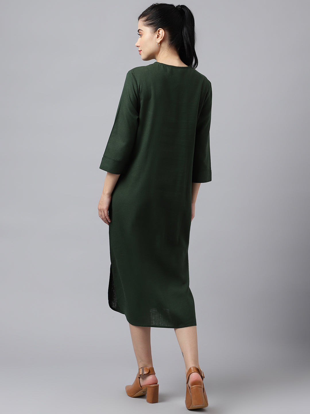 Women Bottle Green V Neck Pleated Solid Lyocell Linen Look A Line Midi Formal Dress