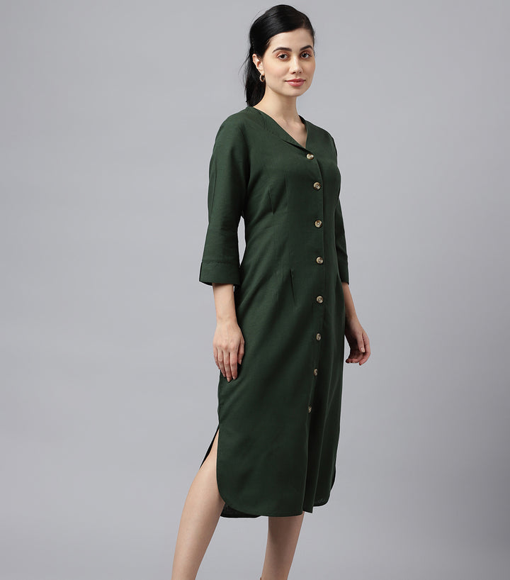 Women Bottle Green V Neck Pleated Solid Lyocell Linen Look A Line Midi Formal Dress