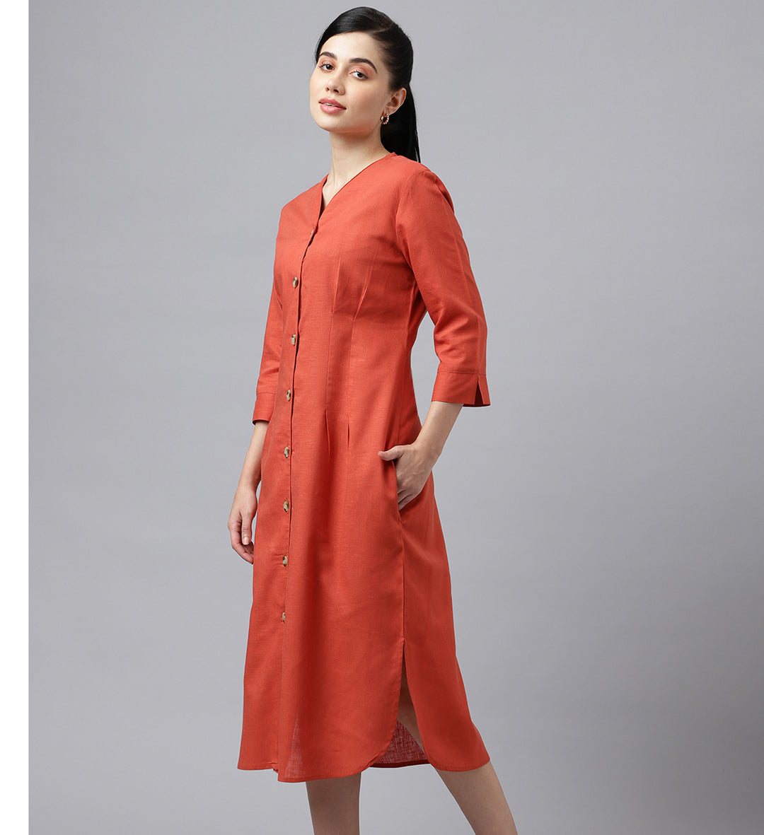 Women Rust V Neck Pleated Solid Lyocell Linen Look A Line Midi Formal Dress