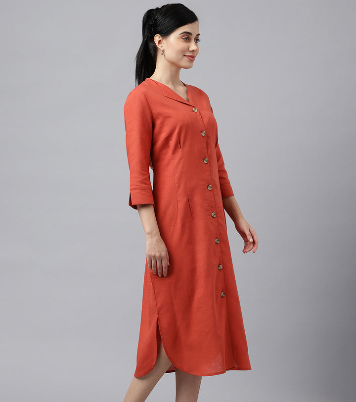 Women Rust V Neck Pleated Solid Lyocell Linen Look A Line Midi Formal Dress