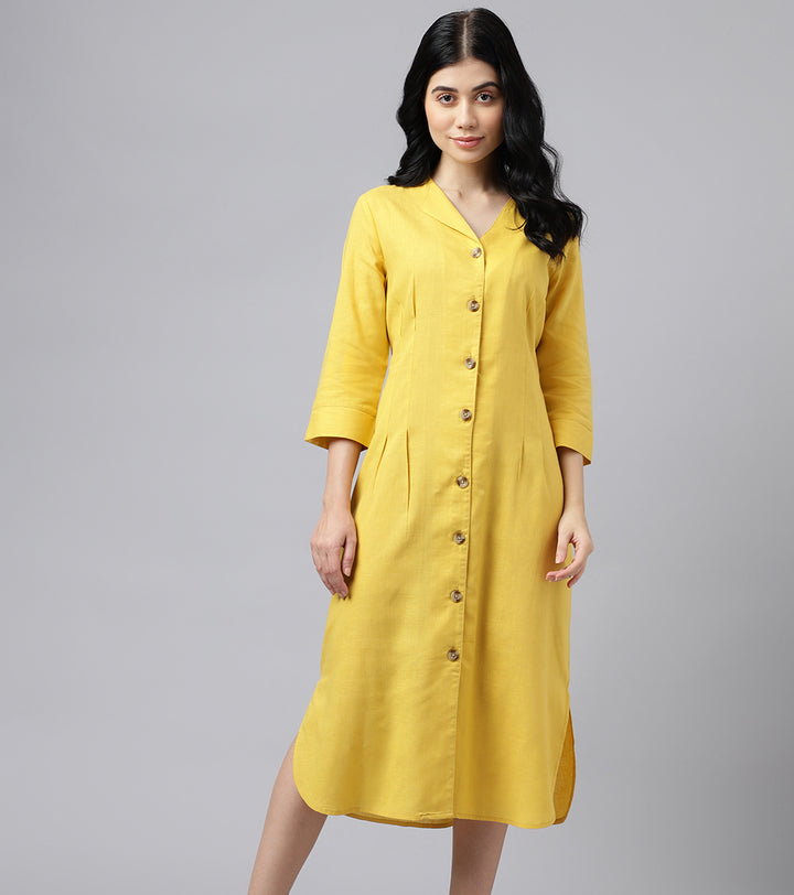 Women Yellow V Neck Pleated Solid Lyocell Linen Look A Line Midi Formal Dress