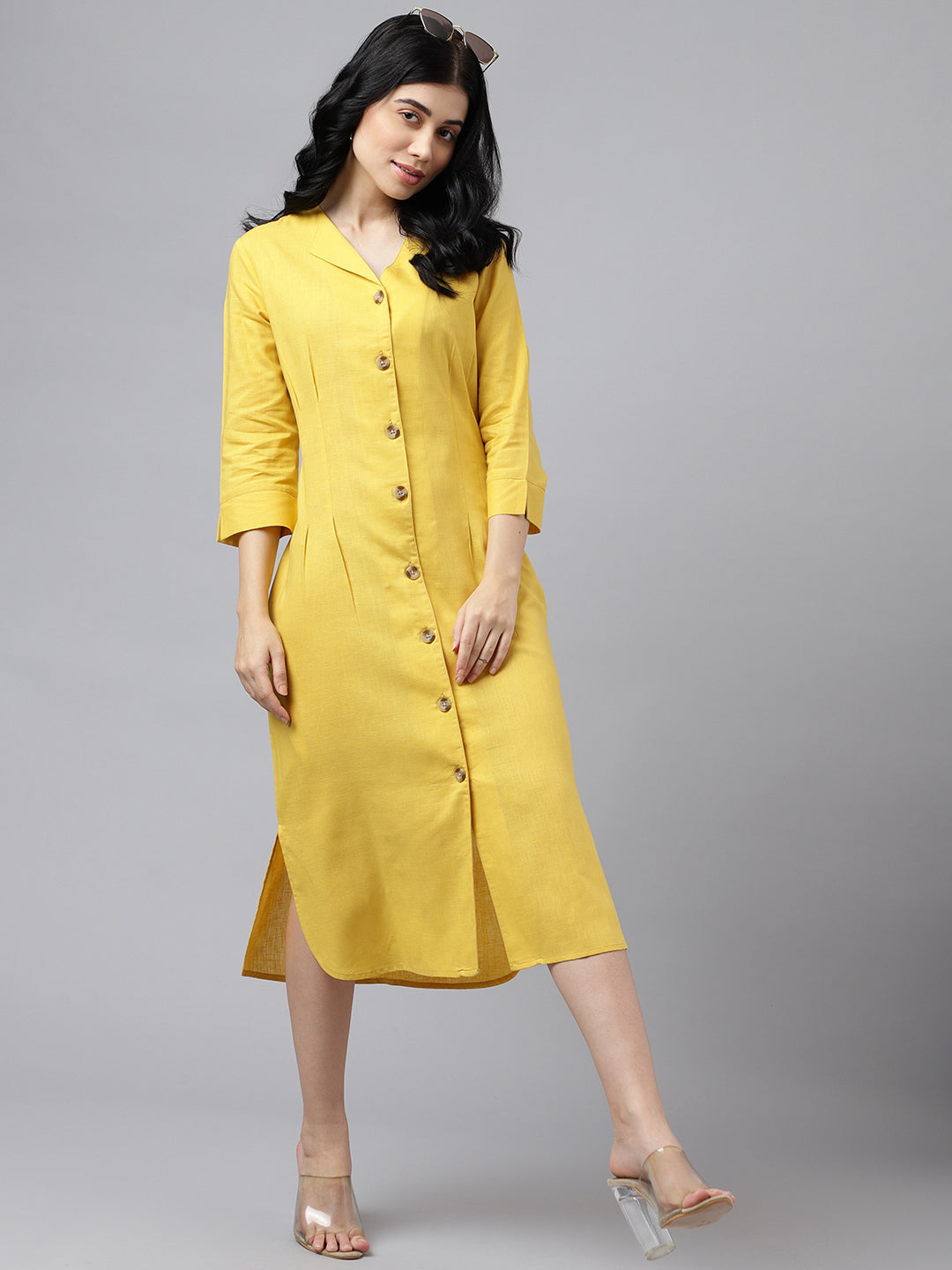 Women Yellow V Neck Pleated Solid Lyocell Linen Look A Line Midi Formal Dress