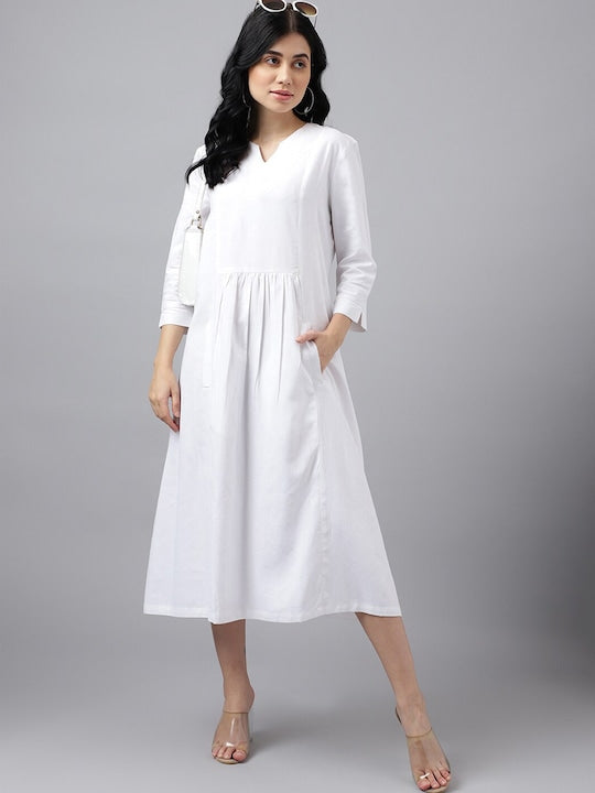 Women White Solid Linen A Line Midi Formal Dress