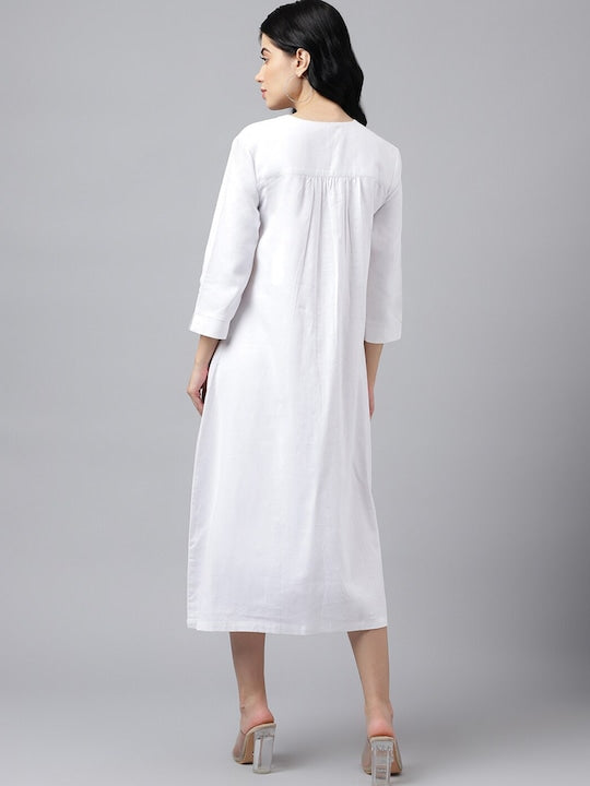 Women White Solid Linen A Line Midi Formal Dress