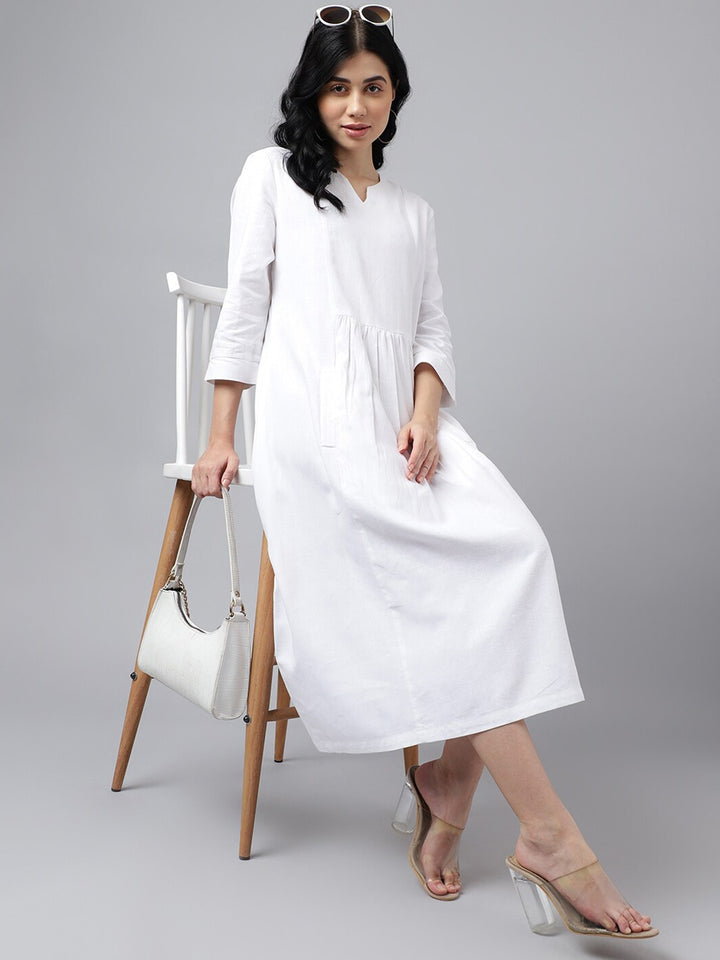 Women White Solid Linen A Line Midi Formal Dress