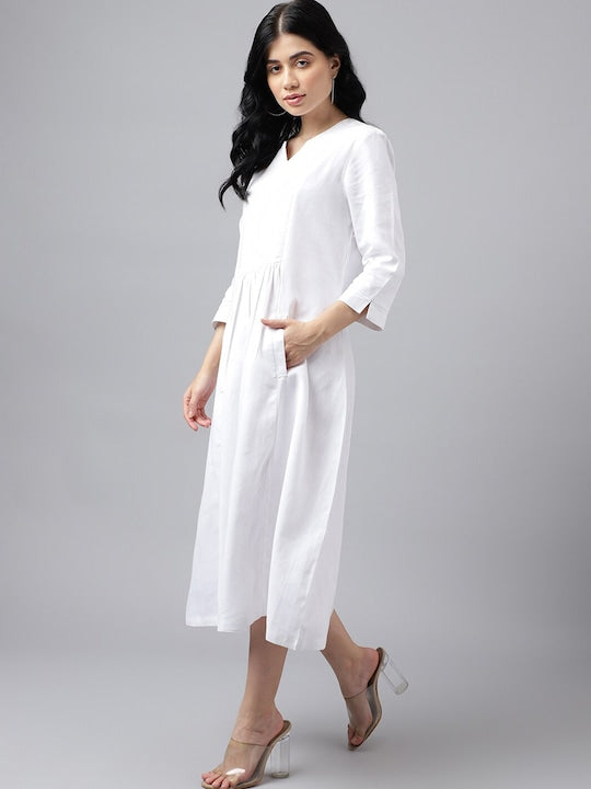 Women White Solid Linen A Line Midi Formal Dress