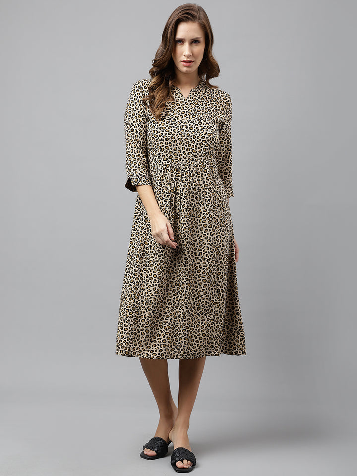 Women Beige & Black Pure Cotton Animal Printed Mid Length Regular Fit Resort Flare Dress