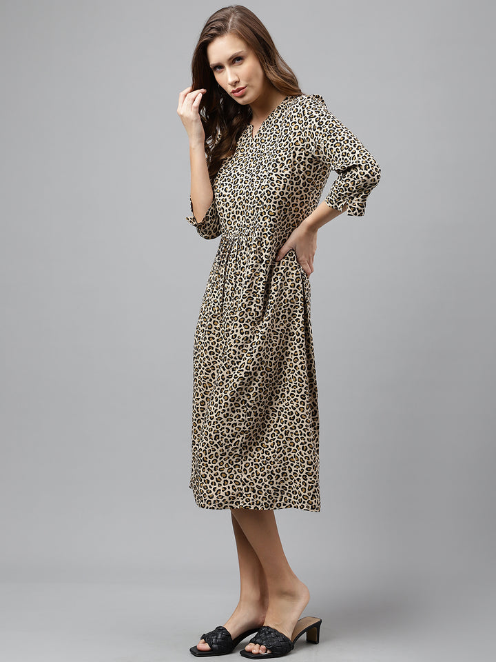 Women Beige & Black Pure Cotton Animal Printed Mid Length Regular Fit Resort Flare Dress