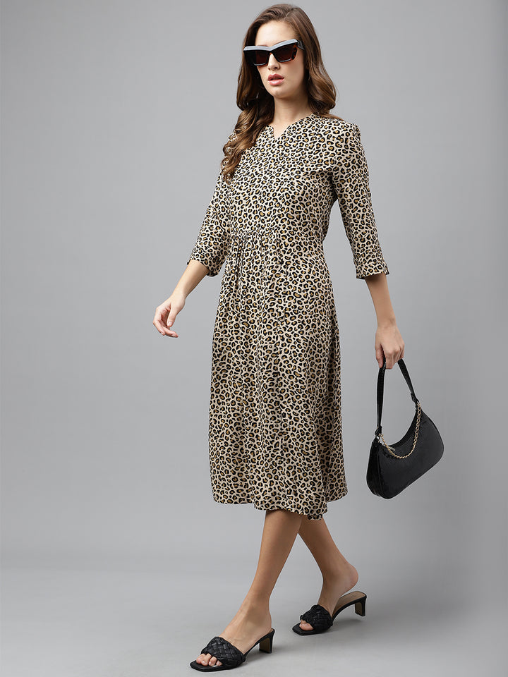 Women Beige & Black Pure Cotton Animal Printed Mid Length Regular Fit Resort Flare Dress