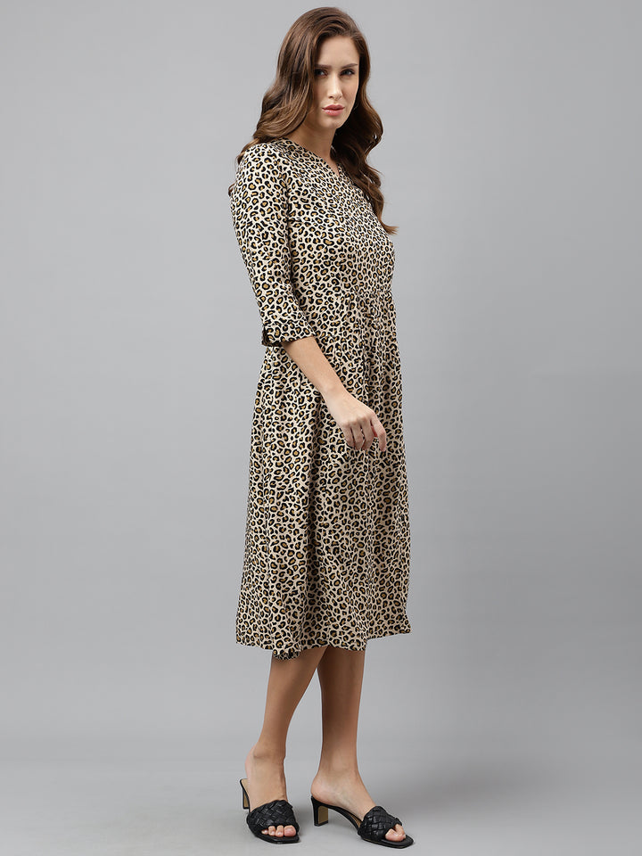 Women Beige & Black Pure Cotton Animal Printed Mid Length Regular Fit Resort Flare Dress