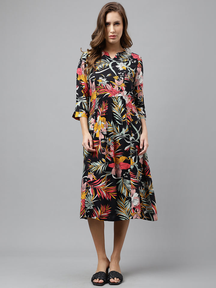 Women Black & Yellow Pure Cotton Floral Printed Mid Length Regular Fit Resort Flare Dress