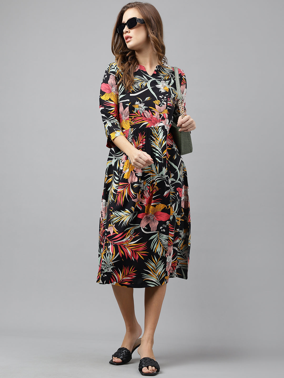 Women Black & Yellow Pure Cotton Floral Printed Mid Length Regular Fit Resort Flare Dress