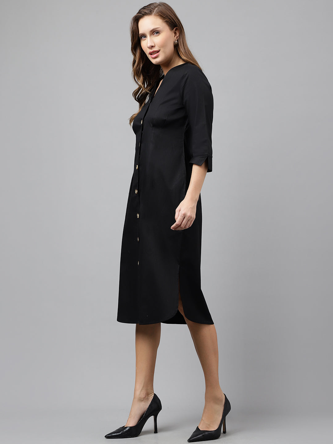 Women Black Pure Cotton Solid Mid Length Regular Fit Formal Shirt  Dress