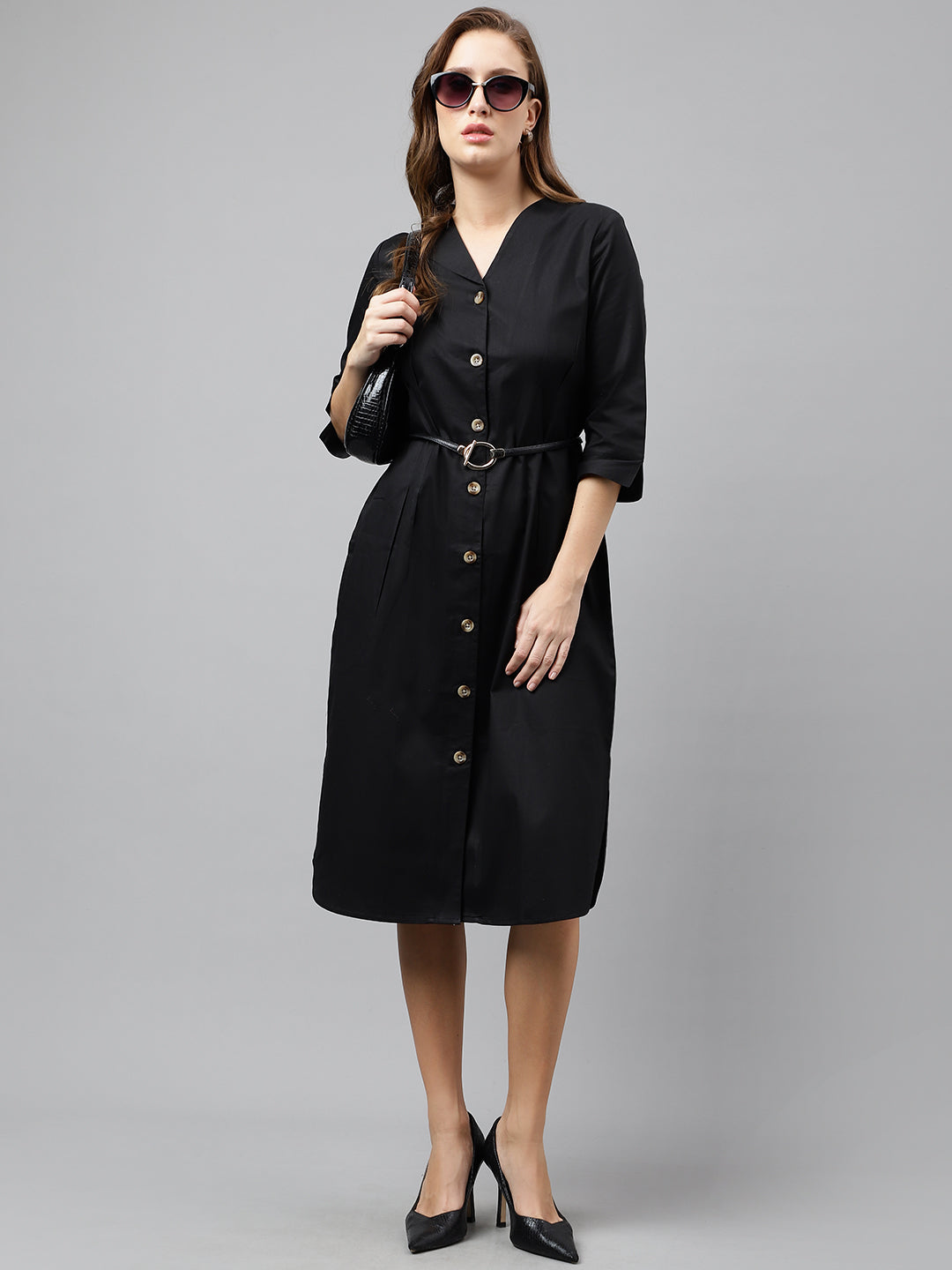 Hancock Women Black Pure Cotton Solid Mid Length Regular Fit Formal Shirt Dress Hancock Women Black Pure Cotton Solid Mid Length Regular Fit Formal Shirt Dress
