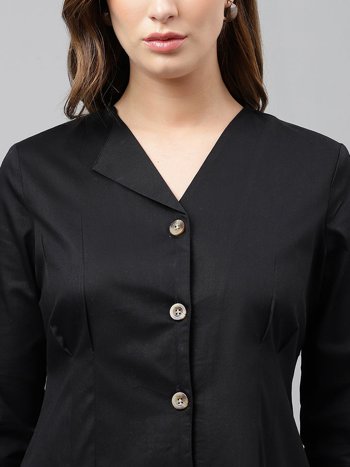 Women Black Pure Cotton Solid Mid Length Regular Fit Formal Shirt  Dress