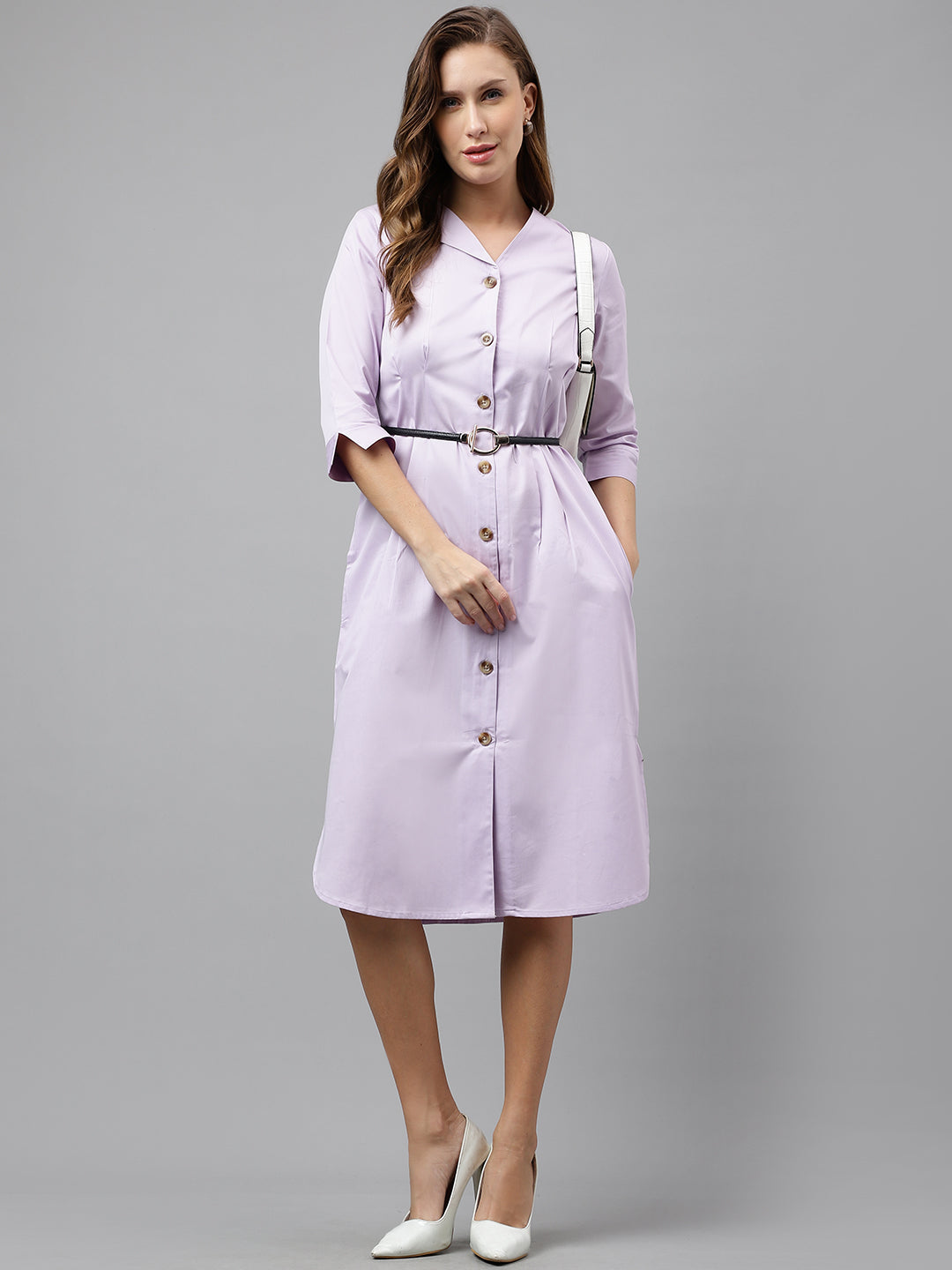 Women Lavender Pure Cotton Solid Mid Length Regular Fit Formal Shirt  Dress