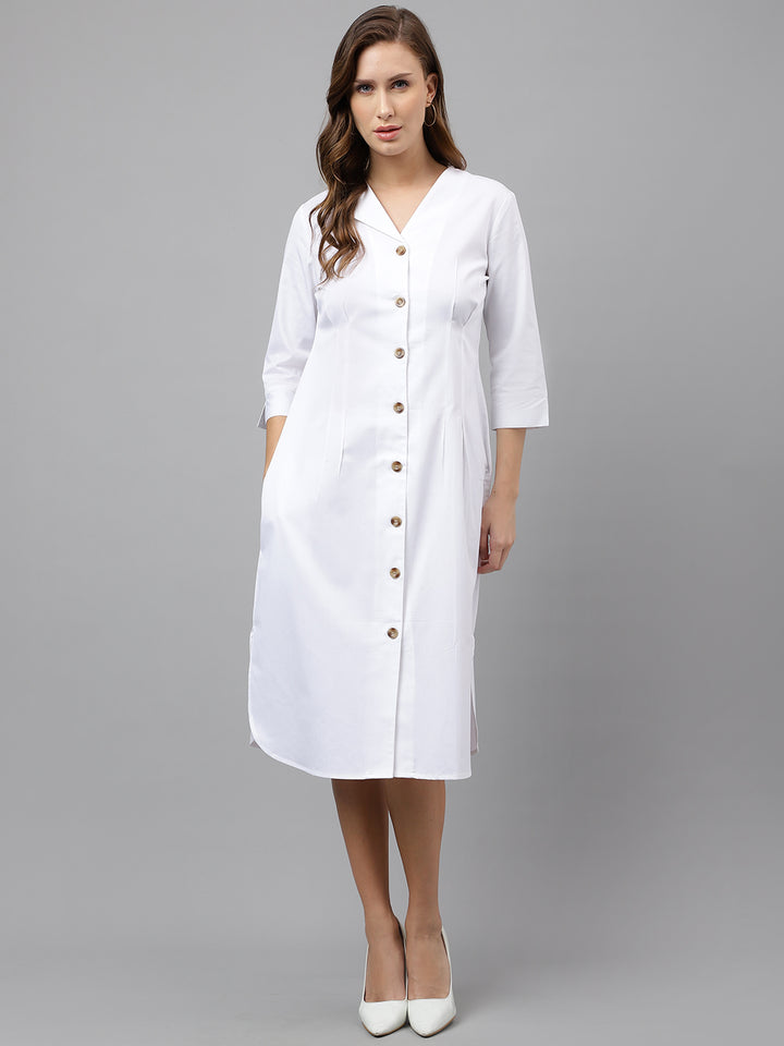 Women White Pure Cotton Solid Mid Length Regular Fit Formal Shirt  Dress