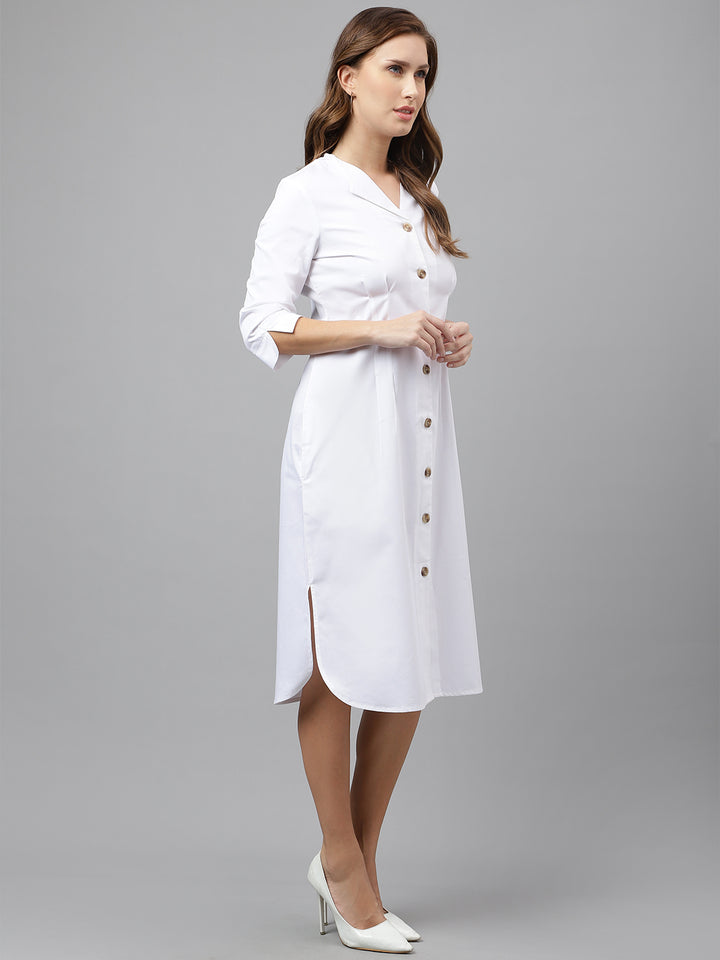 Women White Pure Cotton Solid Mid Length Regular Fit Formal Shirt  Dress