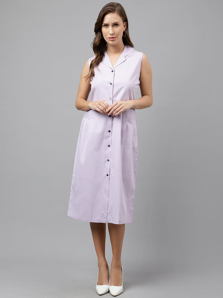 Women Lavender Pure Cotton Solid Mid Length Sleeveless Regular Fit Formal A-line Dress