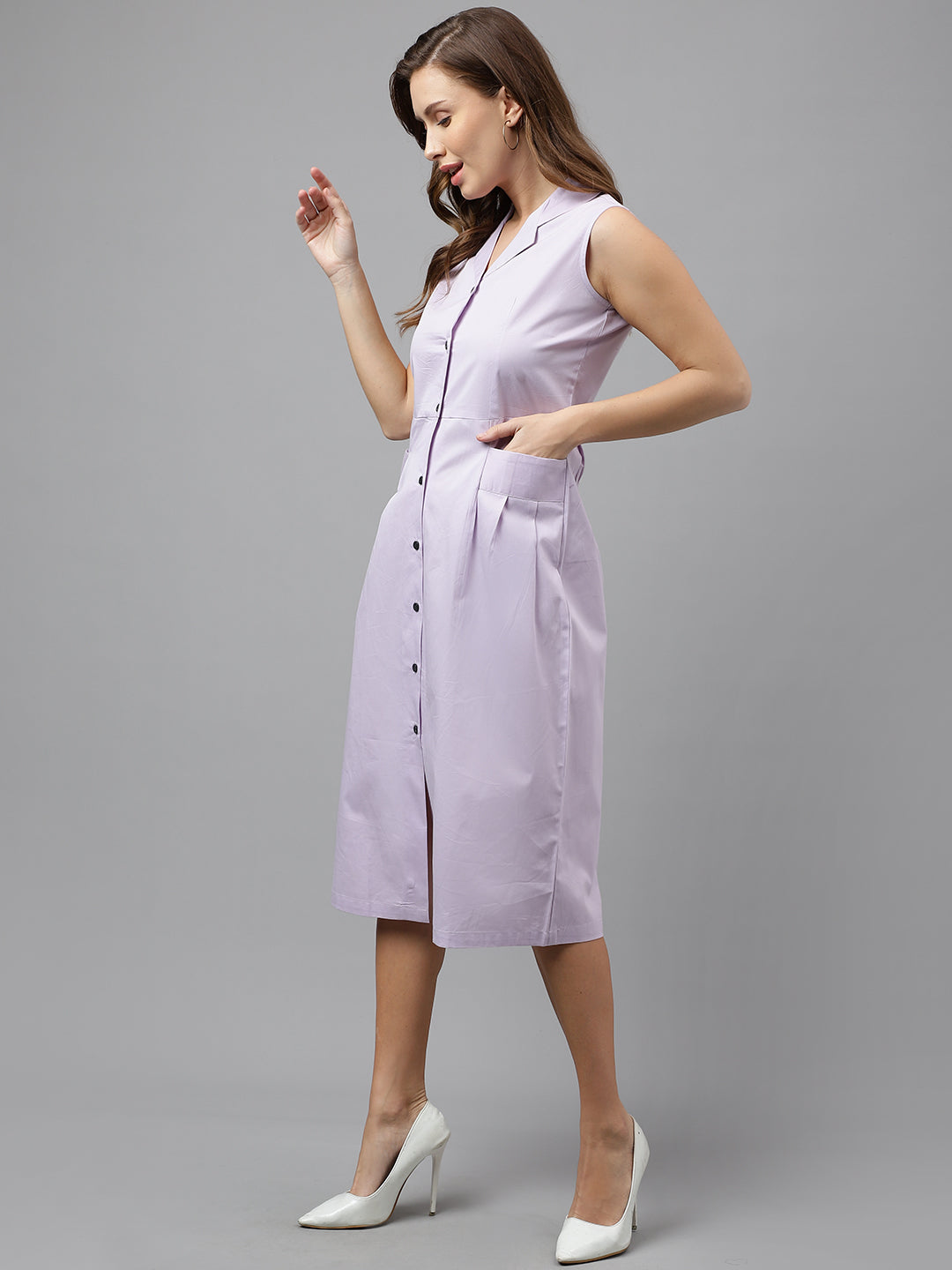 Women Lavender Pure Cotton Solid Mid Length Sleeveless Regular Fit Formal A-line Dress