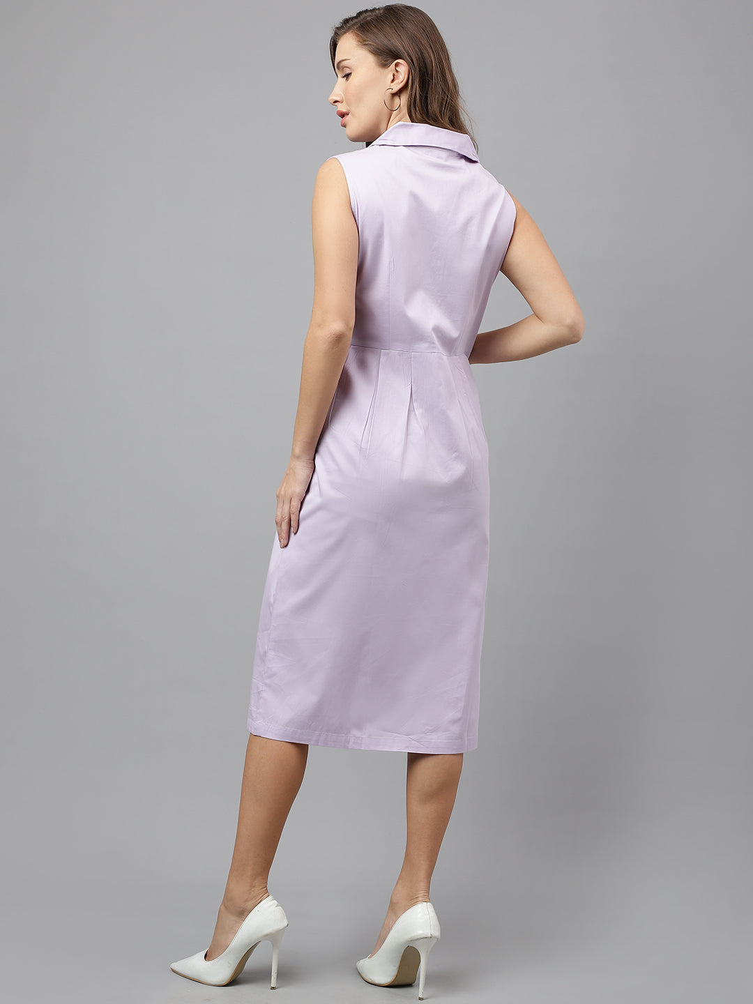 Women Lavender Pure Cotton Solid Mid Length Sleeveless Regular Fit Formal A-line Dress