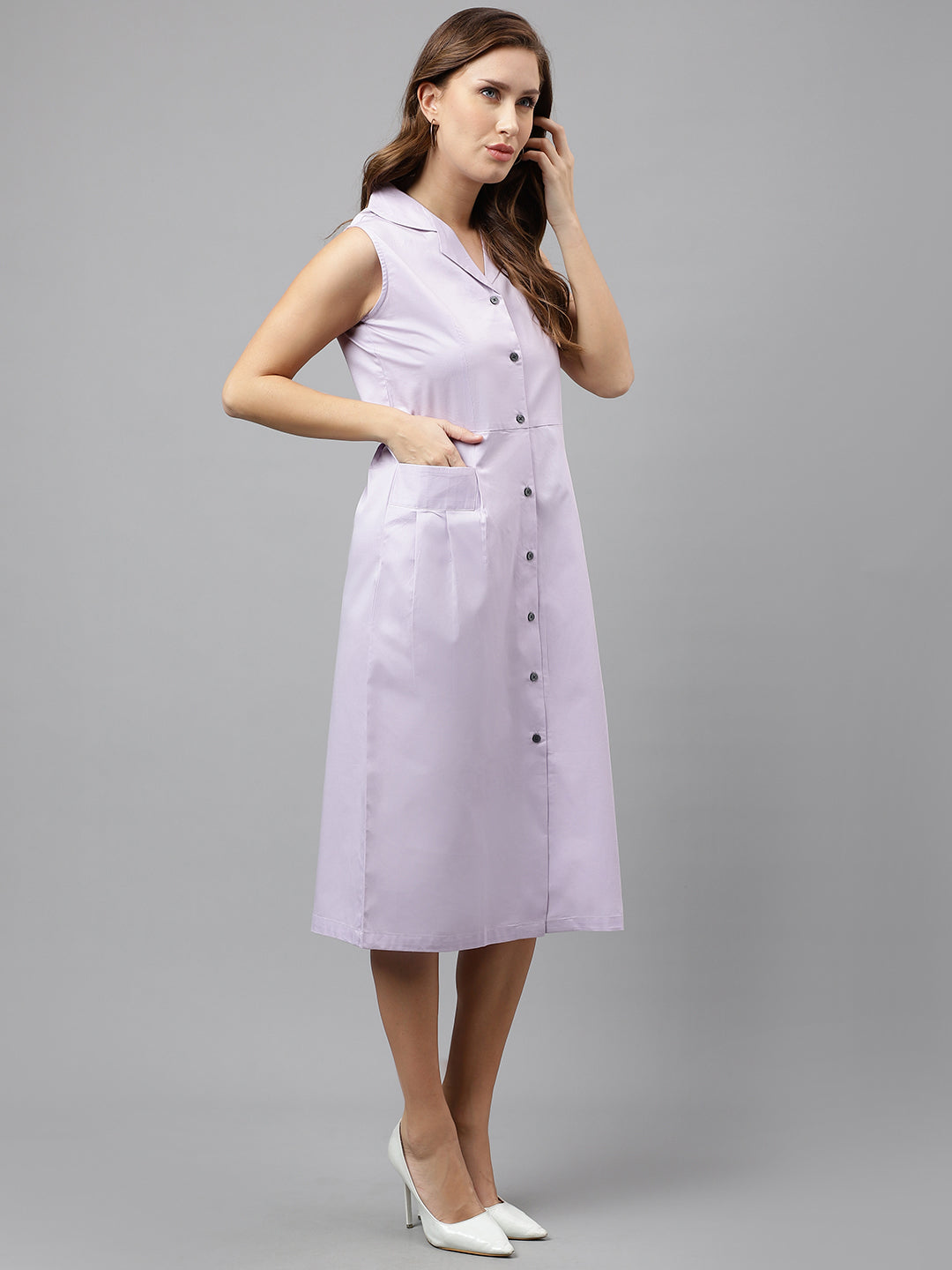 Women Lavender Pure Cotton Solid Mid Length Sleeveless Regular Fit Formal A-line Dress